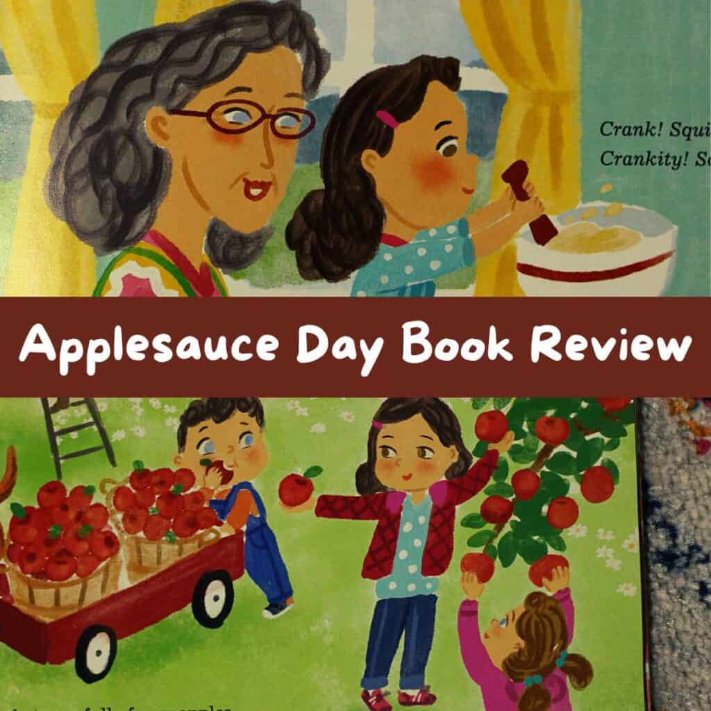 grandma making applesauce with grandaughter and a picture of kids picking apples